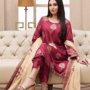 Tawakal DHANAK EMB 3pc WITH BAMBER  EMB DUPPATA