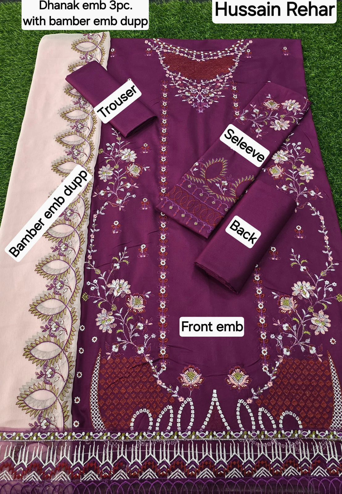 Hussain Rehar DHANAK EMB 3pc WITH BAMBER EMB DUPPATA - Image 2