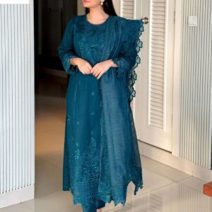 FEMENITE DHANAK EMB 3pc WITH ORGANZA EMB CUT WORK DUPPATA