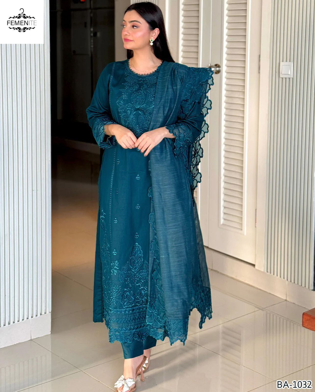 FEMENITE DHANAK EMB 3pc WITH ORGANZA EMB CUT WORK DUPPATA