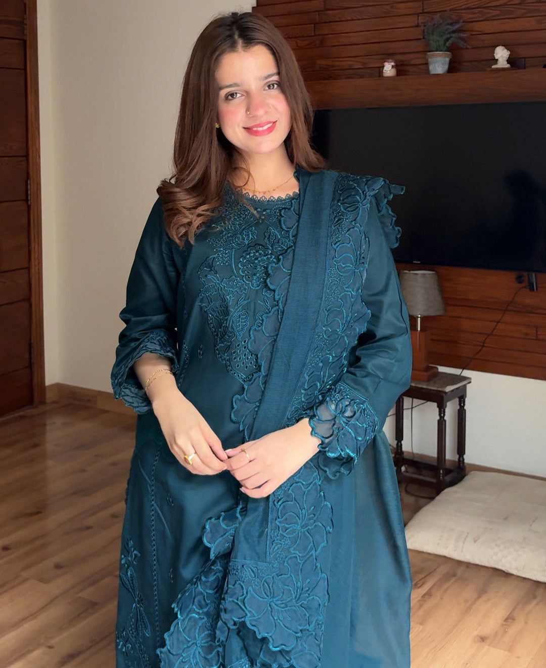 FEMENITE DHANAK EMB 3pc WITH ORGANZA EMB CUT WORK DUPPATA - Image 3