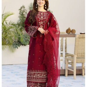 ALLYS DHANAK EMB 3pc WITH ORGANZA EMB CUT WORK DUPPATA